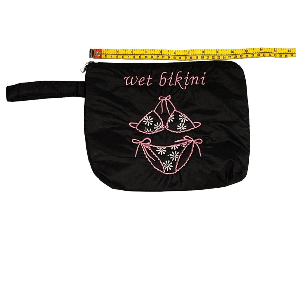 Black with Pink and White Embroidered Wet Bikini Bag with Handstrap